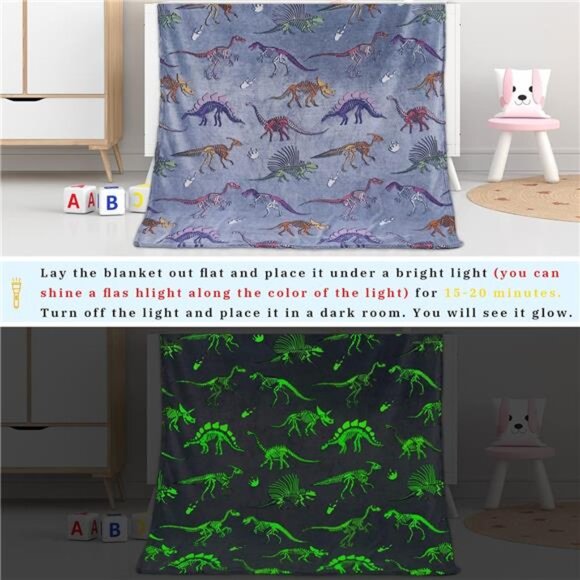 GlowinThe Dark Blanket Dinosaur Blanket for Boys Girls Kids Dino Throw Blankets - Picture 6 of 7